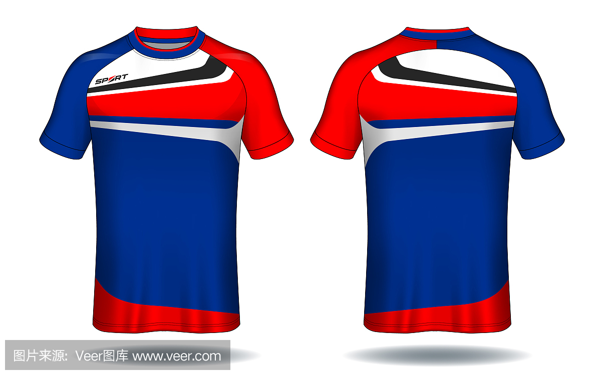 足球球衣模板。蓝色和红色的布局运动t恤设计