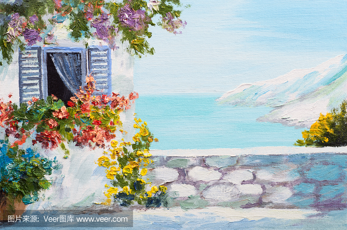 转炉-圣托里尼,海边的油画,海岸;海岸图纸房子防护罩图片