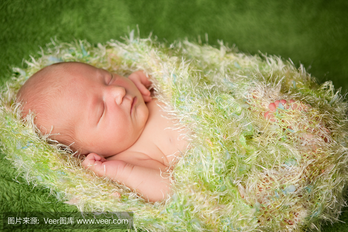 新生婴儿在毛毛毯中平静地睡觉