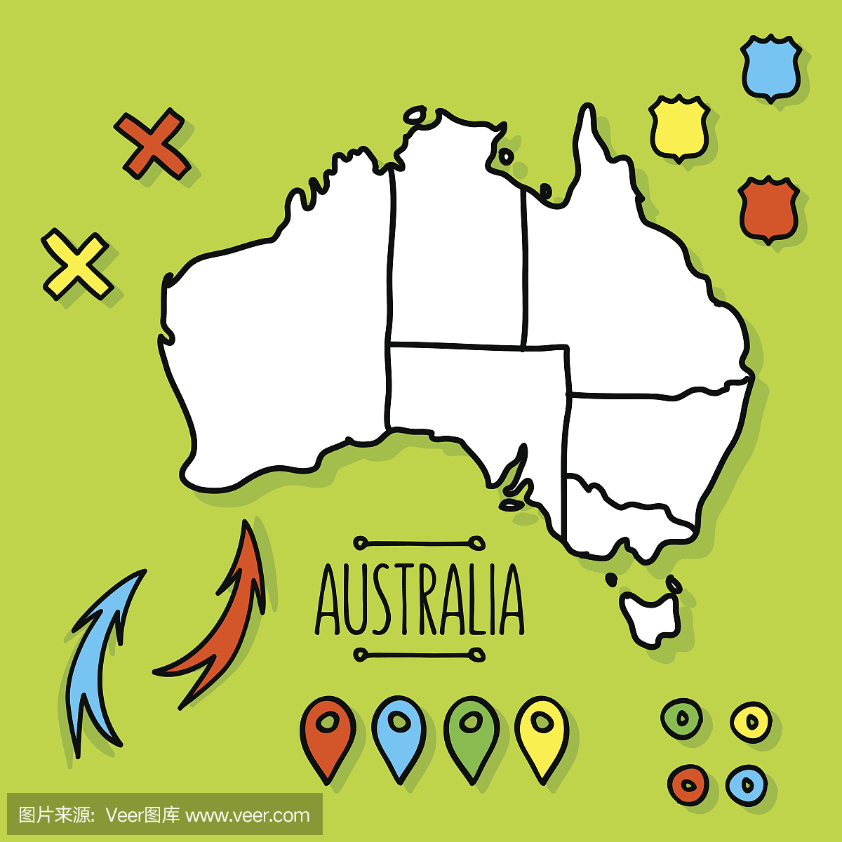 Freehand澳大利亚旅行地图在绿色背景与针矢