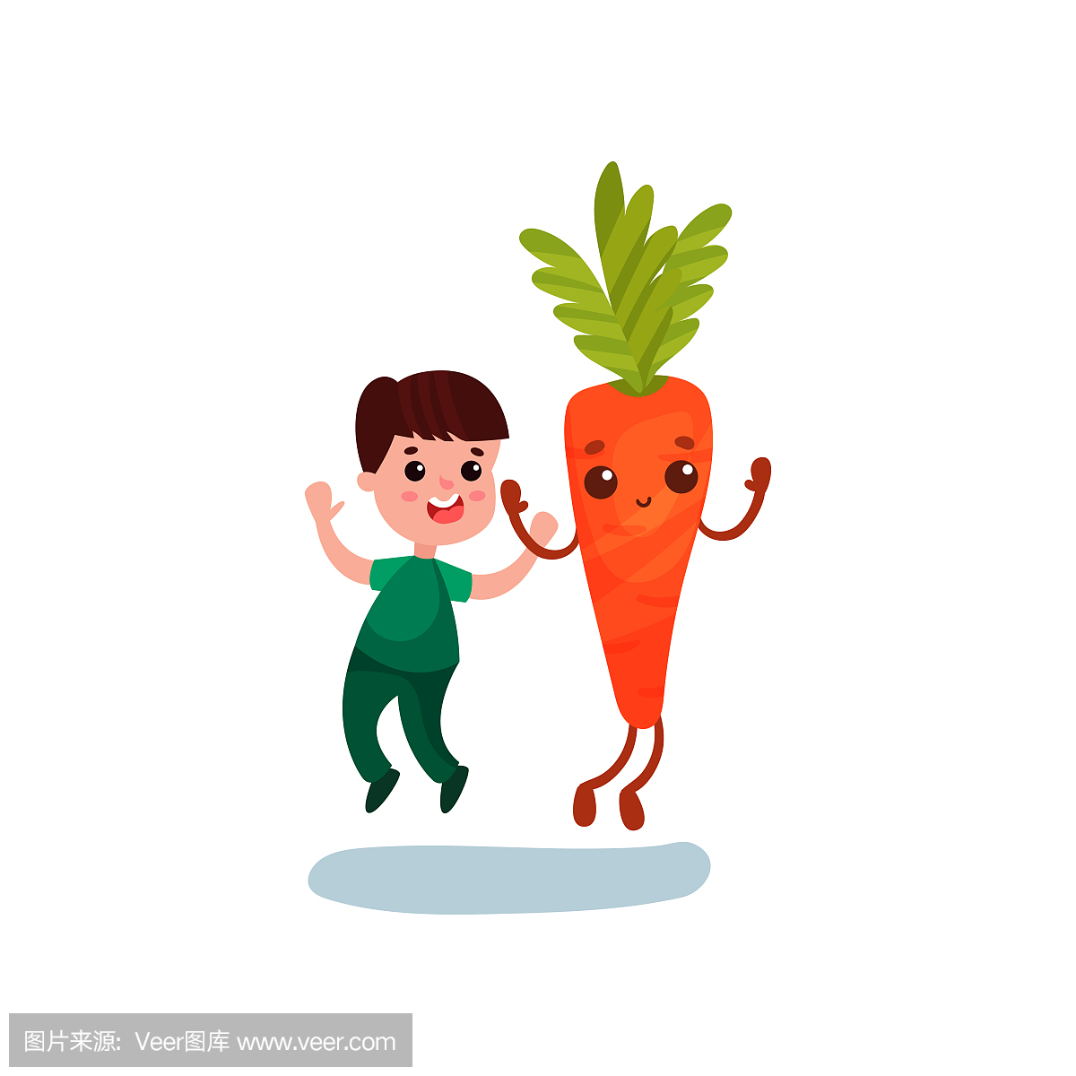 可爱的小男孩与快乐的巨型胡萝卜蔬菜角色,最