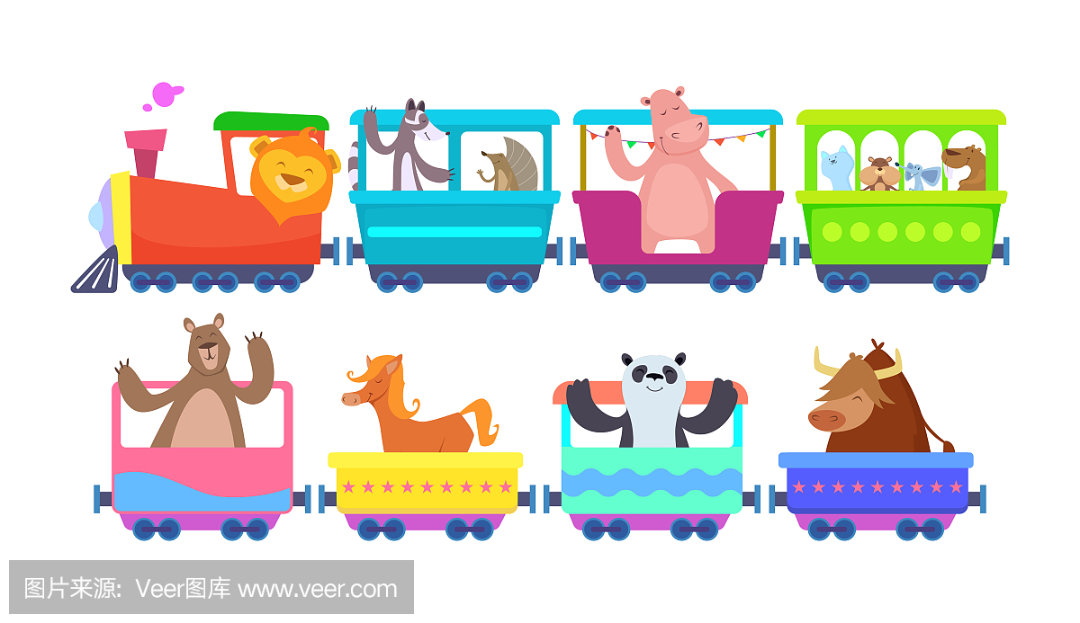 有趣的卡通动物骑在卡通火车