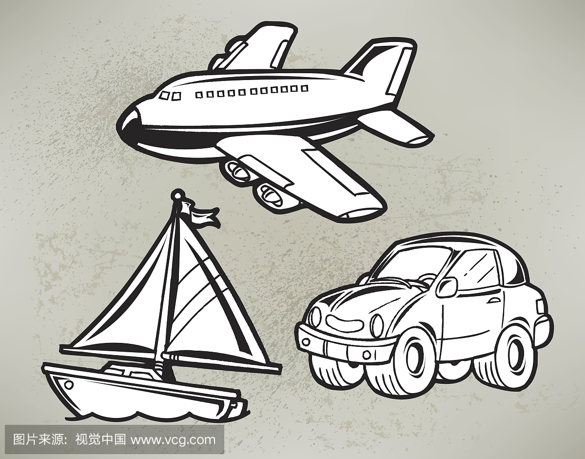 交通工具 - 汽车,飞机,帆船卡通