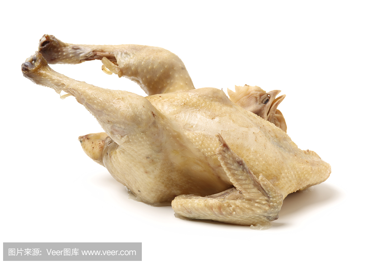 繁体中文煮熟的整鸡在白色的背景中分离