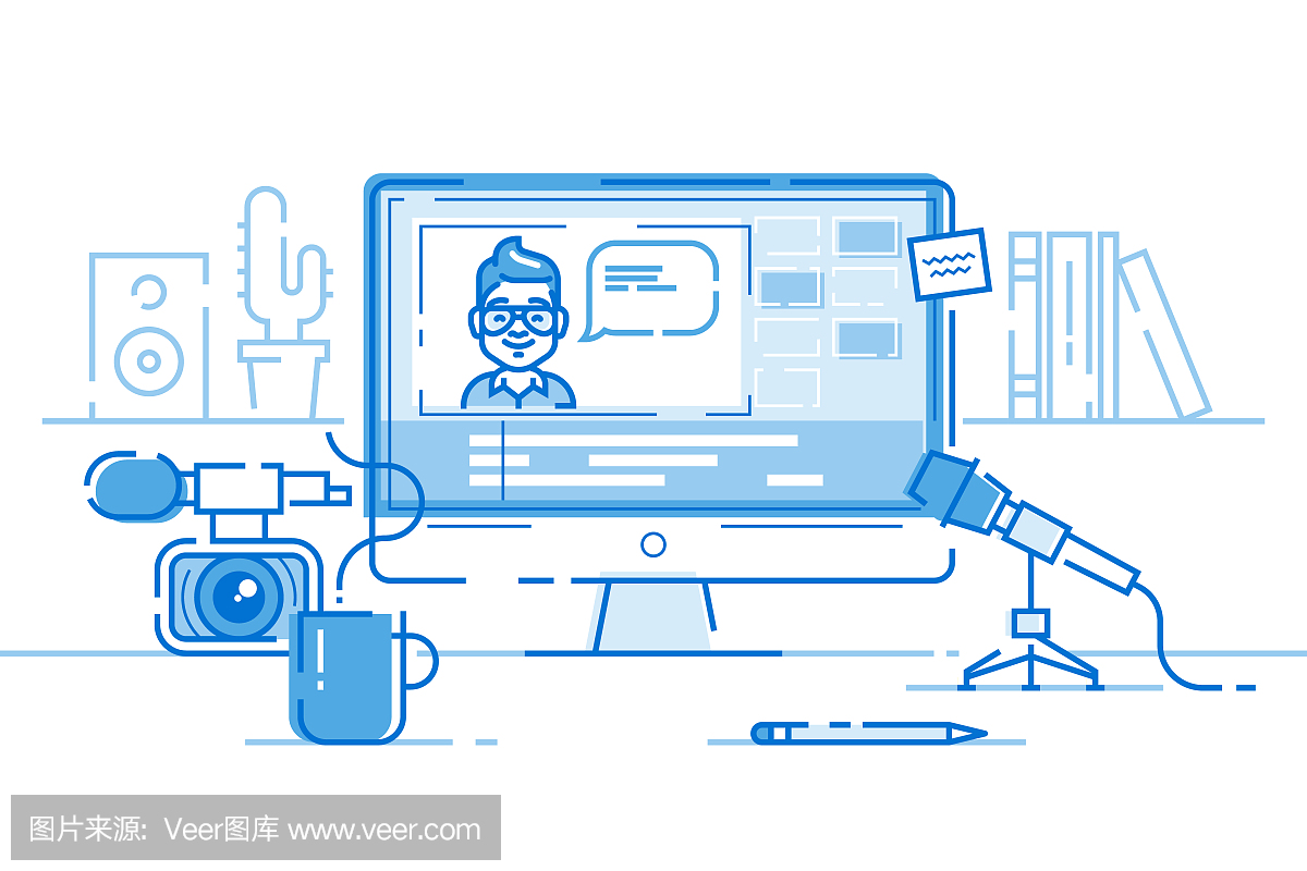 博客或视频编辑器的工作场所,带有监视器和视