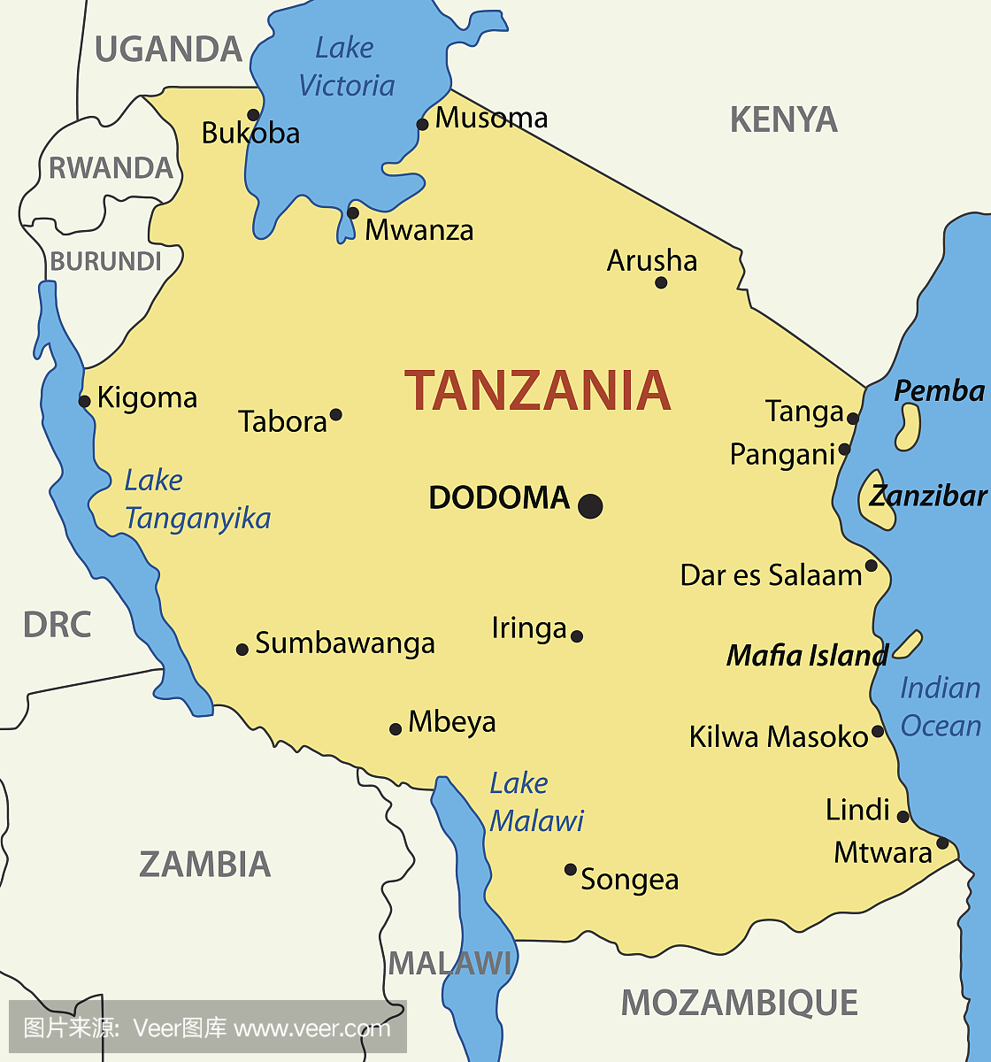 坦桑尼亚联合共和国 - 矢量地图