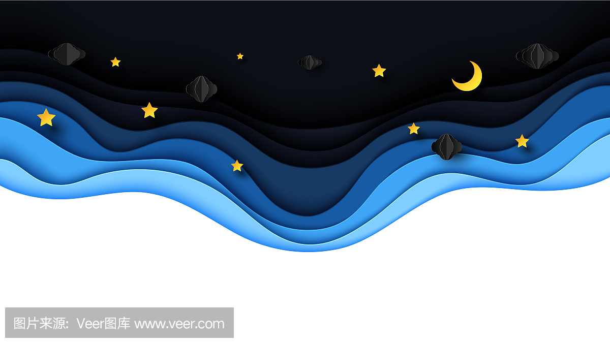 夜间风景与云,星星和新月在午夜的天空。