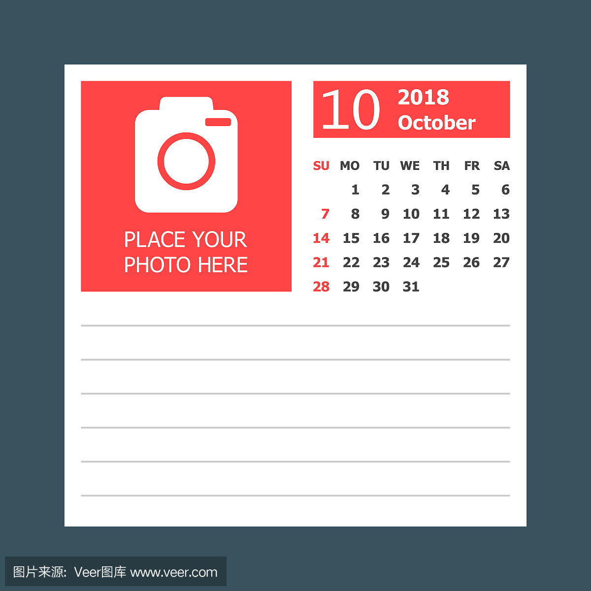 2018年10月的日历。日历计划者设计模板。周