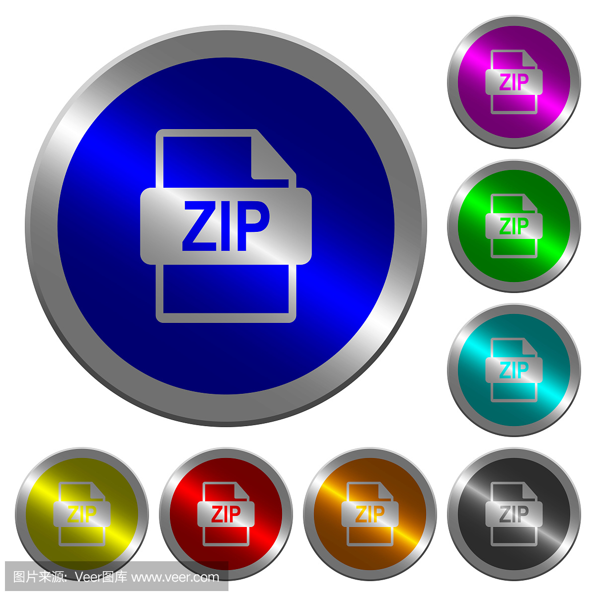 ZIP文件格式发光硬币般的圆形彩色按钮