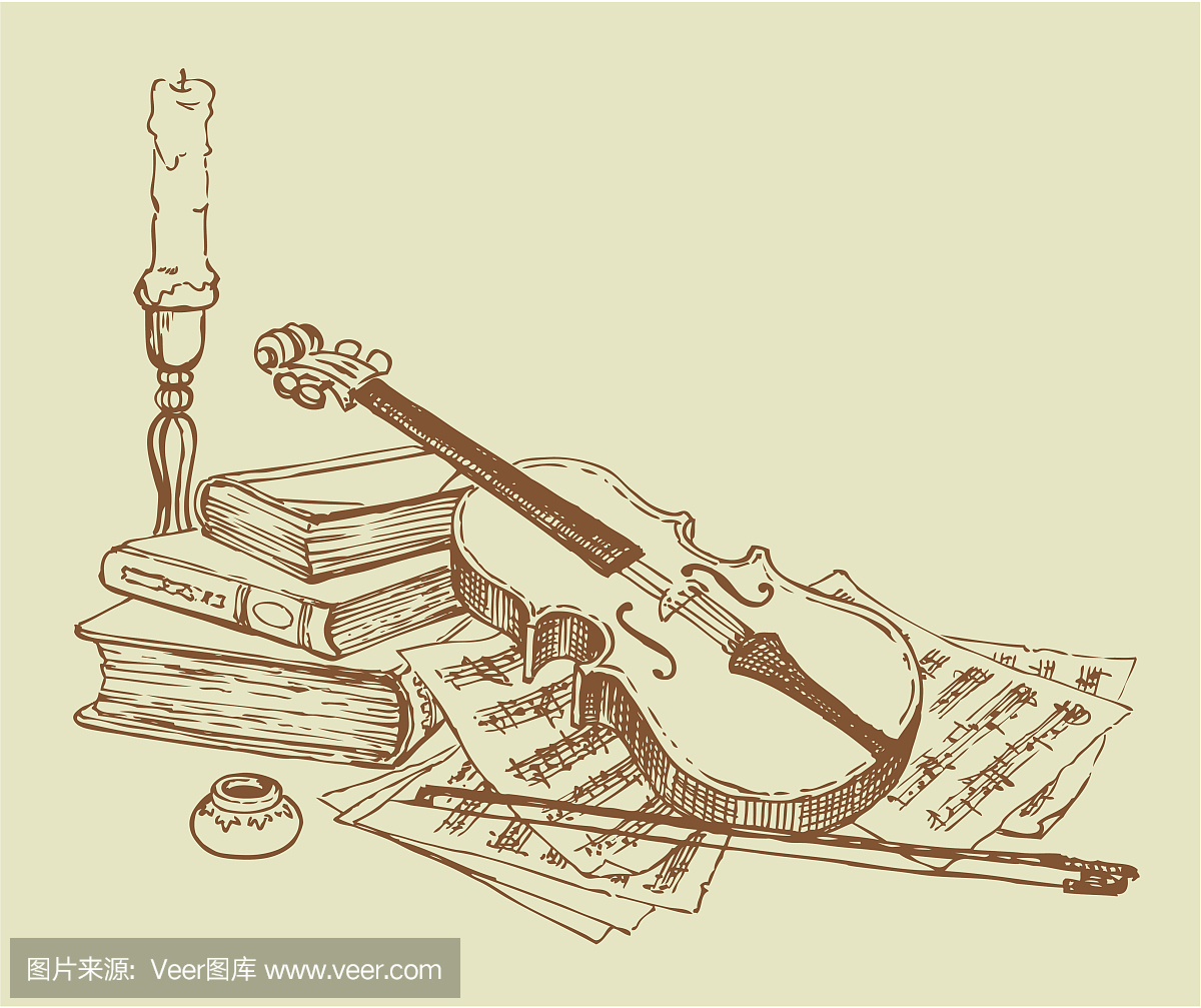 矢量静物的小提琴,书籍和页面与笔记