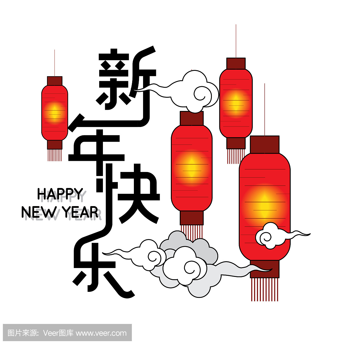 中国农历新年快乐中国农历新年背景与灯笼和云
