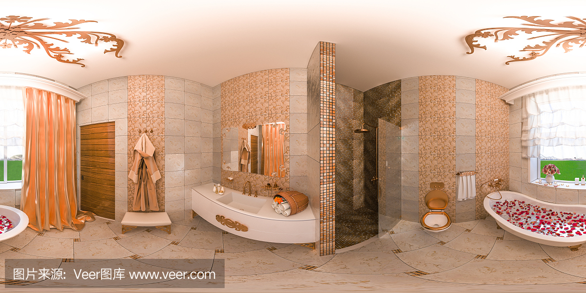 3d图球面360度,经典风格的浴室室内设计的无