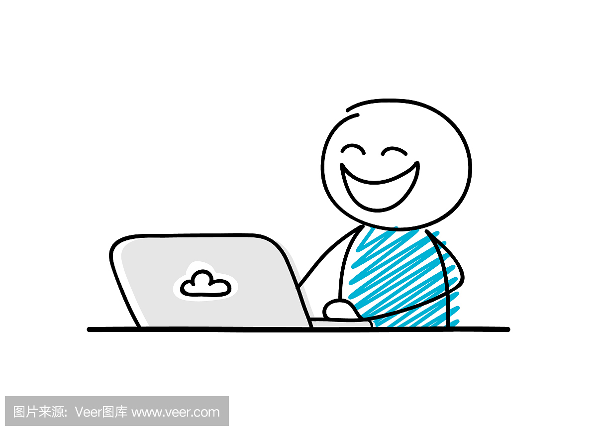 兴奋的面部表情在笔记本电脑上工作的滑稽火柴