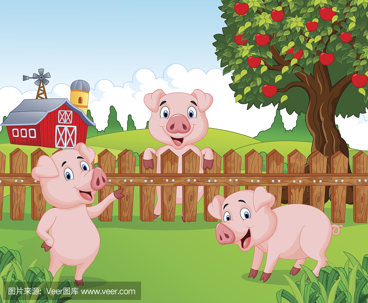 卡通可爱的小猪在农场