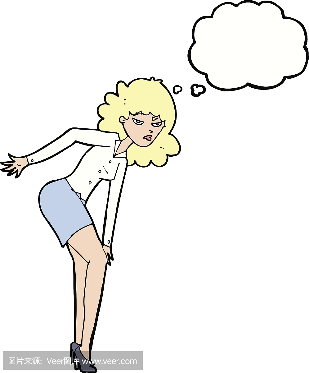 卡通懊恼的女人摩擦膝盖与思想泡沫