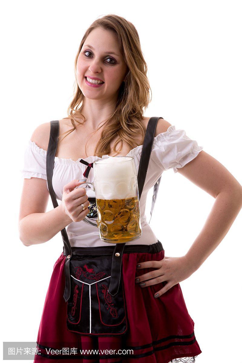 在白色背景上的传统巴伐利亚服装的白肤金发的