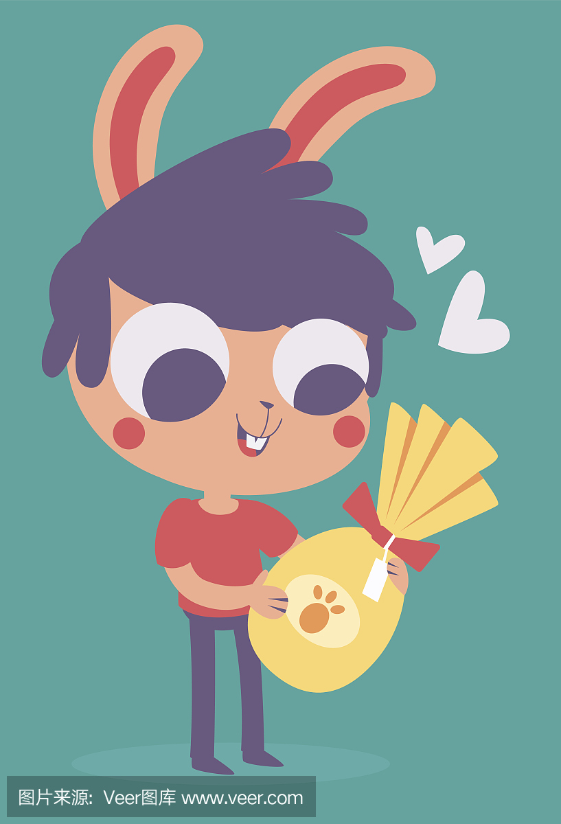 可爱的兔子男孩拿着复活节巧克力蛋