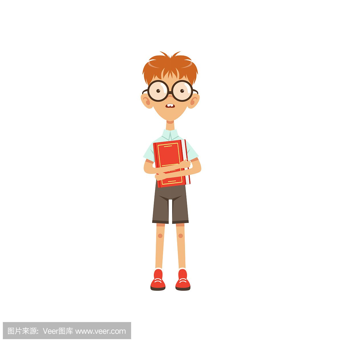 卡通书呆子男生站在手拿书。教育理念。聪明的