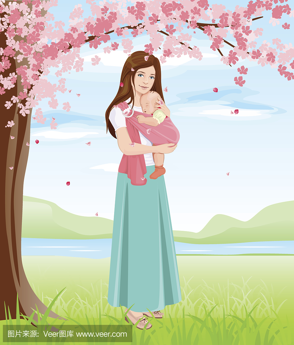 妈妈抱着婴儿在吊带。年轻的母亲在开花的树下