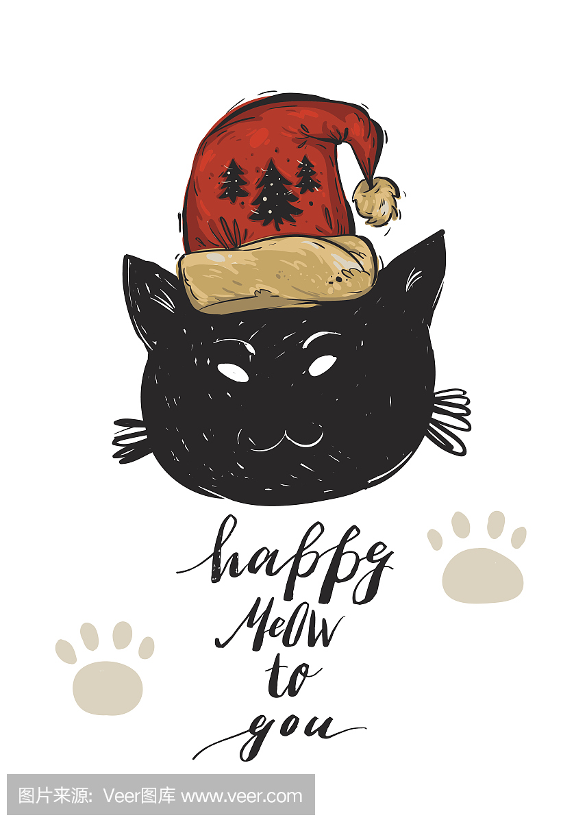 手绘矢量抽象圣诞快乐贺卡模板与黑色猫角色在