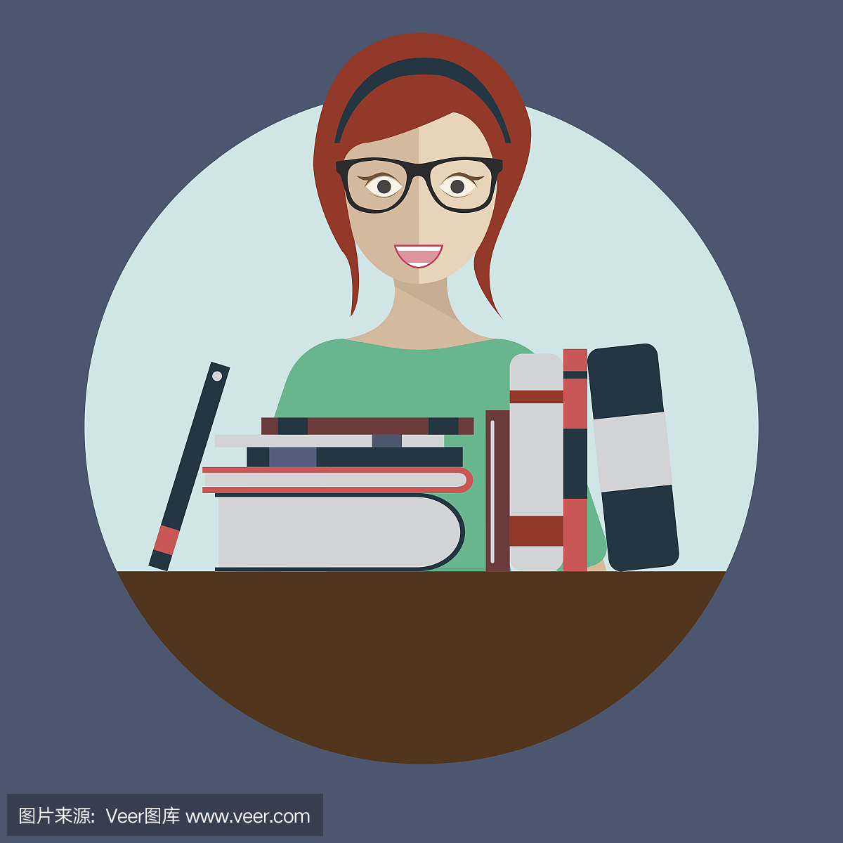 Librarian woman with books. Flat vector.