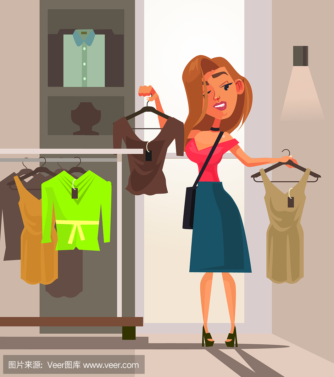 快乐的微笑女人女孩性格做购买和试衣服。购物
