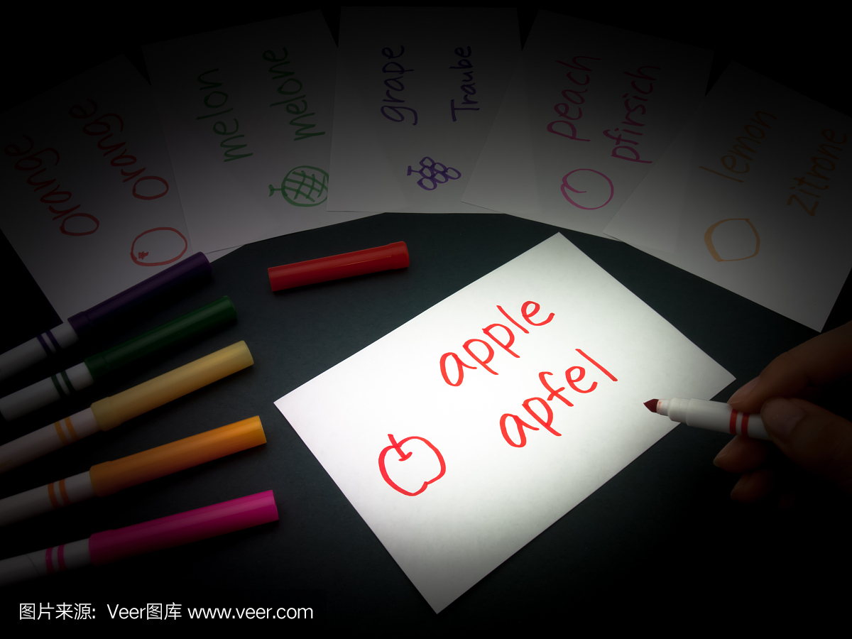 为基本词语制作语言闪存卡;苹果,柠檬,桃,甜瓜,