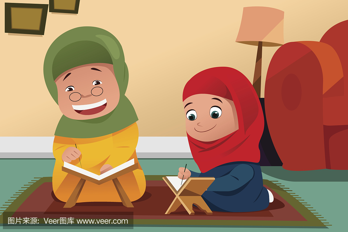 穆斯林母亲和女儿在家里学习古兰经