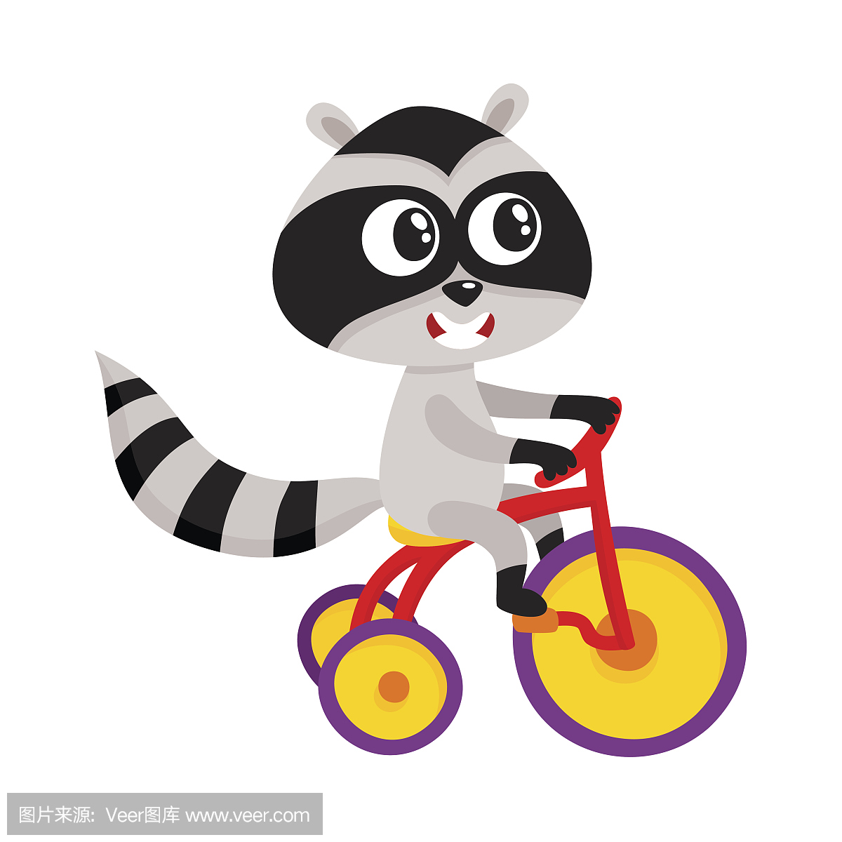 可爱的小浣熊角色骑自行车,三轮车,骑自行车,卡