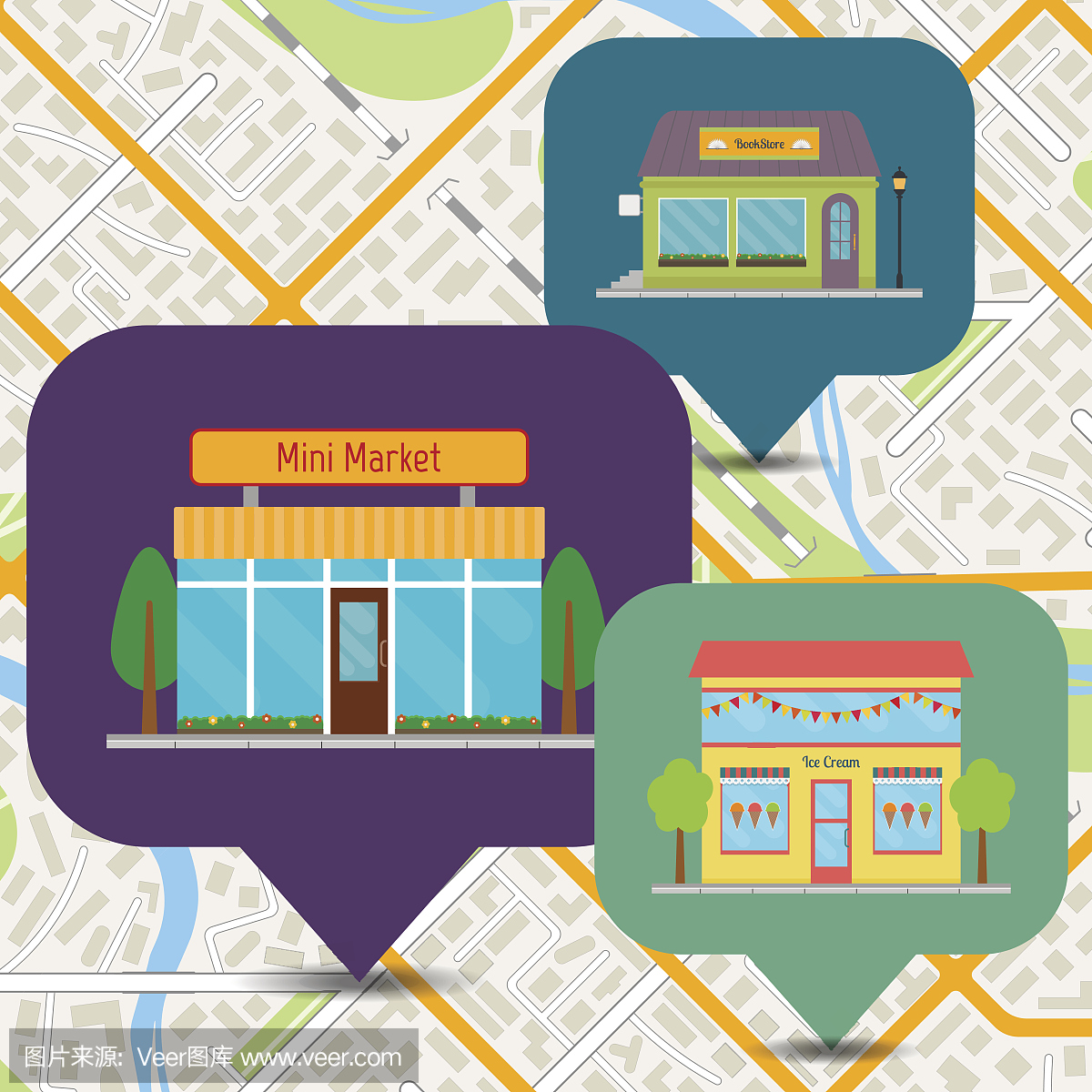 书店,冰淇淋店和城市地图上的迷你市场图标。