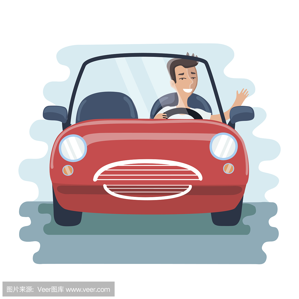 卡通可爱的年轻人驾驶红色的车在路上。正视图