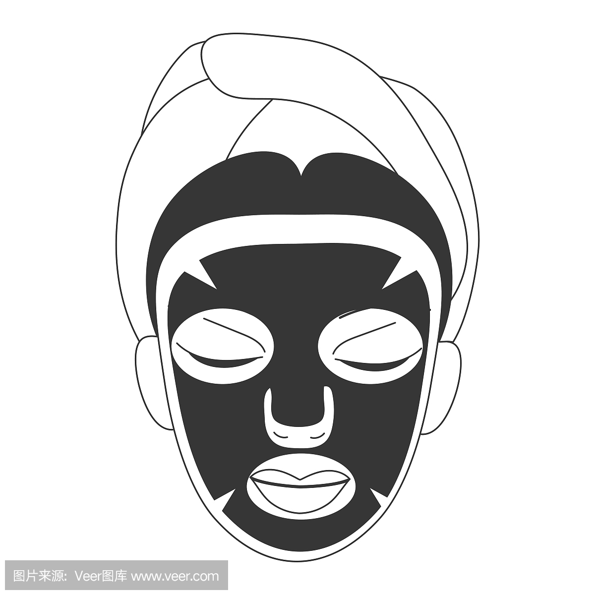 美容脸部护理线条艺术风格的矢量图:黑色单张