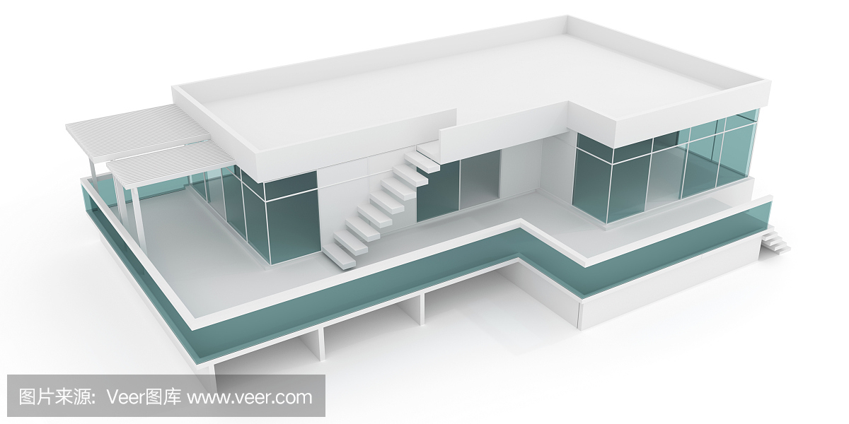 南部和沿海地区的房子草图。大玻璃窗,最大日