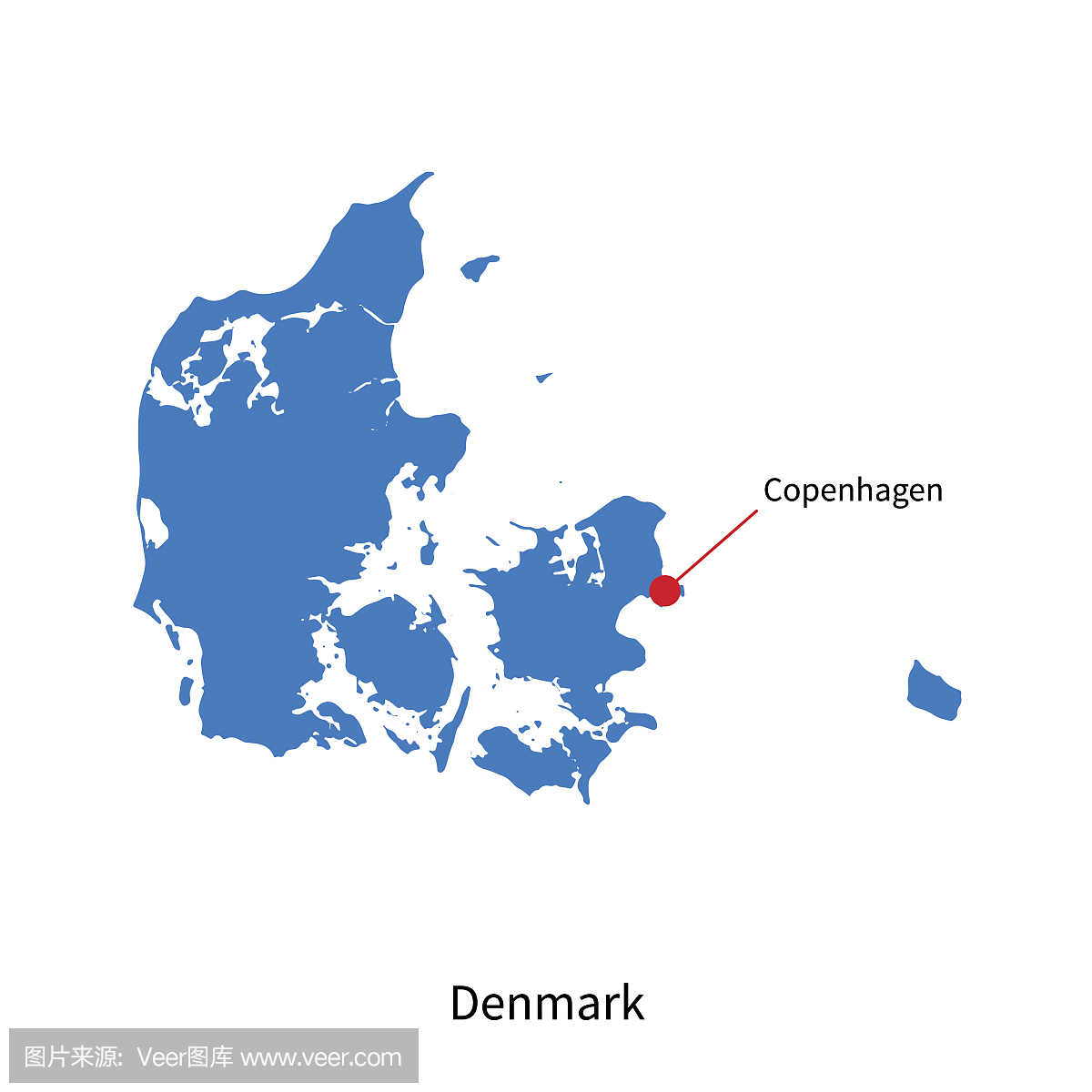 丹麦和首都哥本哈根的详细矢量地图