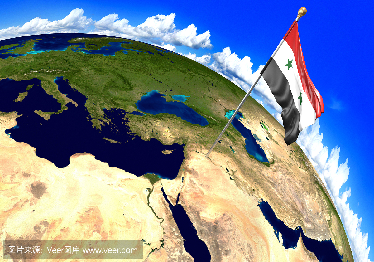 叙利亚国旗标志着世界地图上的国家位置