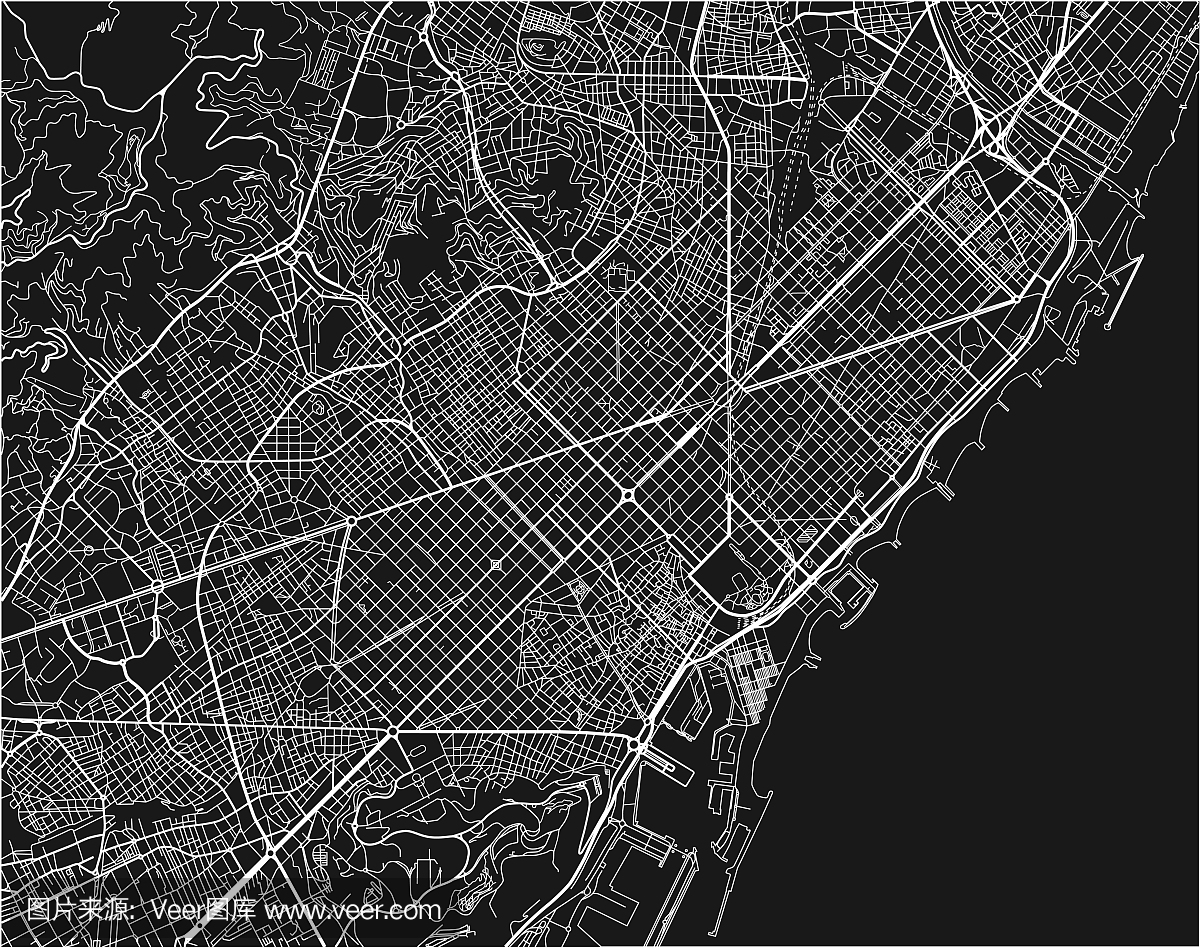 巴塞罗那的黑色和白色矢量城市地图与组织良好