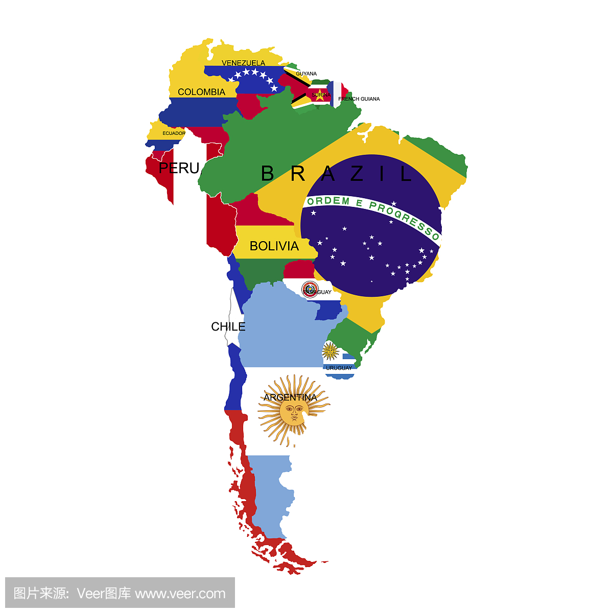 南美洲大陆的领土。带有国旗的单独国家。南美