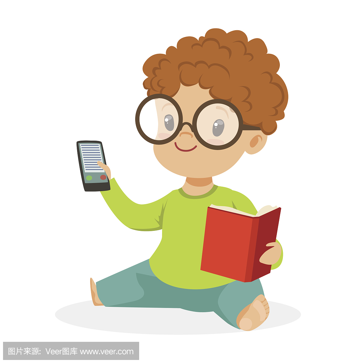 可爱的小男孩戴着眼镜坐在地板上,玩书和手机
