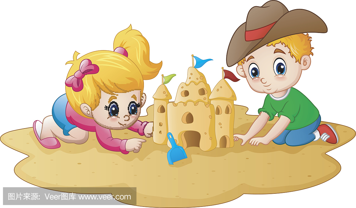 在沙滩上做沙堡的小男孩和女孩