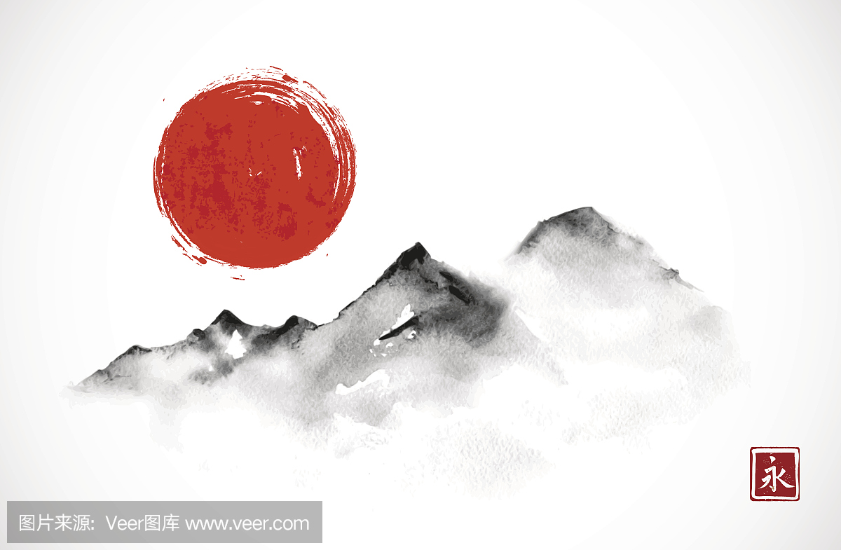 山和红色的太阳手绘在墨水简约的风格在白色背