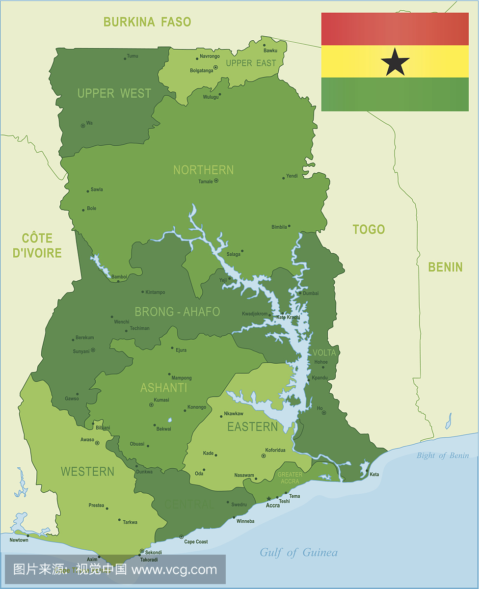 加纳的绿色地图 - 州,城市和国旗
