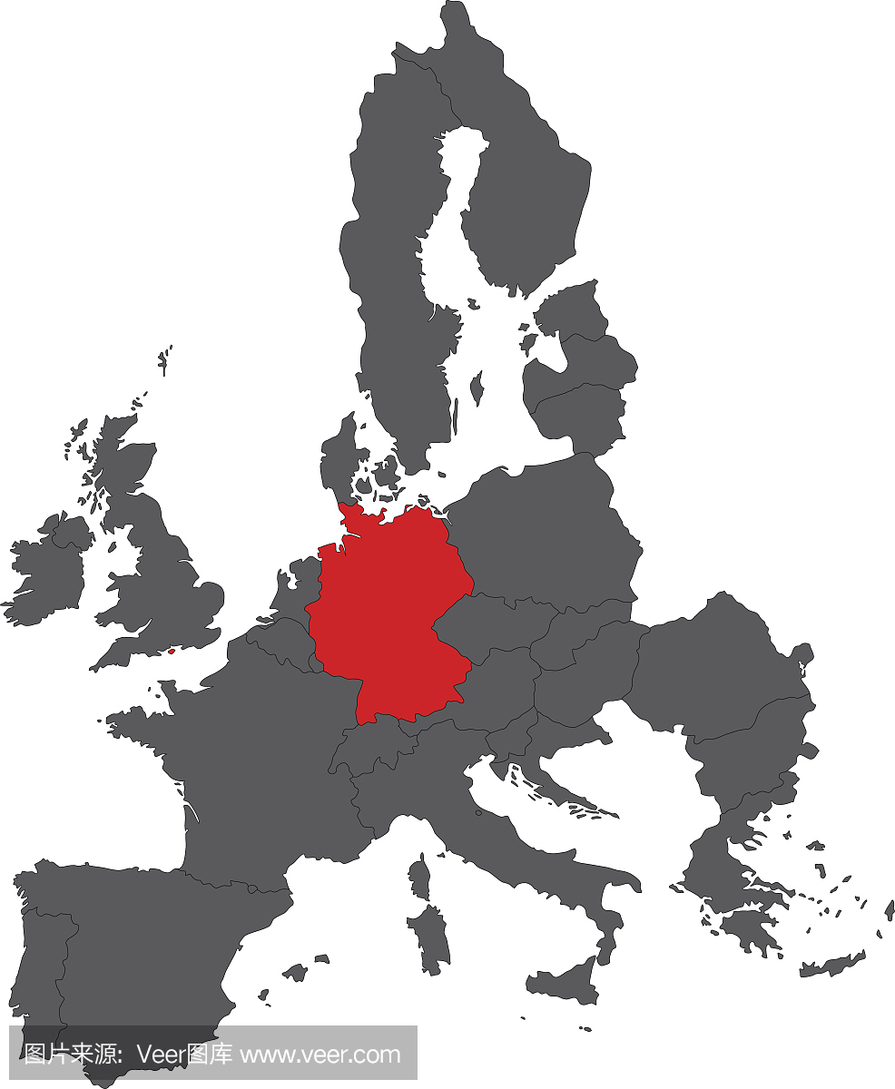 德国红色地图在欧洲灰色地图矢量图