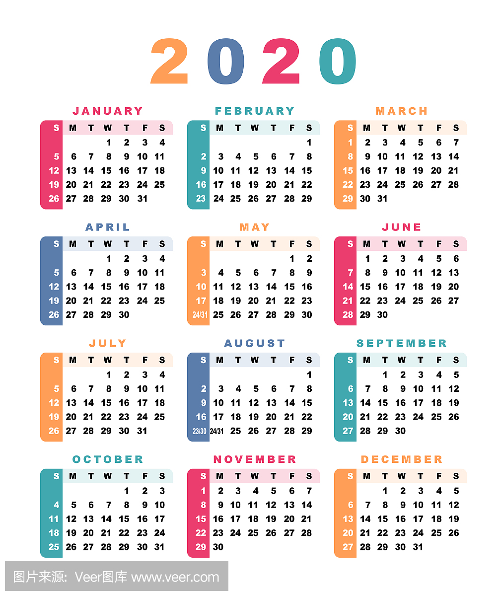 日历2020年(星期一从星期日开始)。