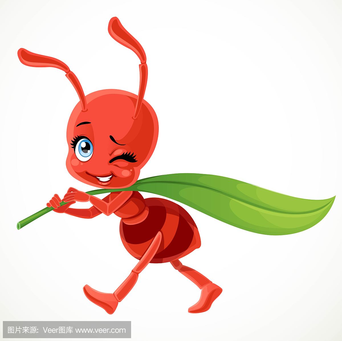 可爱的卡通红色蚂蚁携带孤立在白色背景上的绿