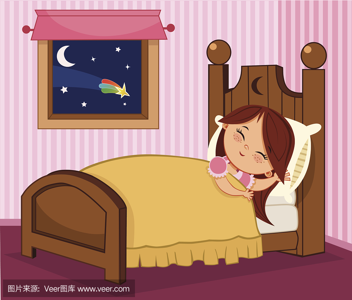 红头女孩在她的粉色和白色条纹卧室睡着了