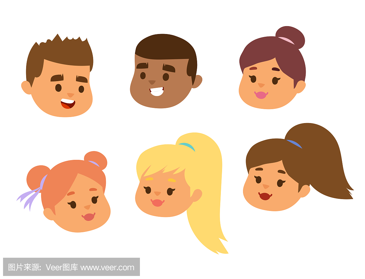 儿童矢量脸肖像孩子字符女孩或男孩面对发型与