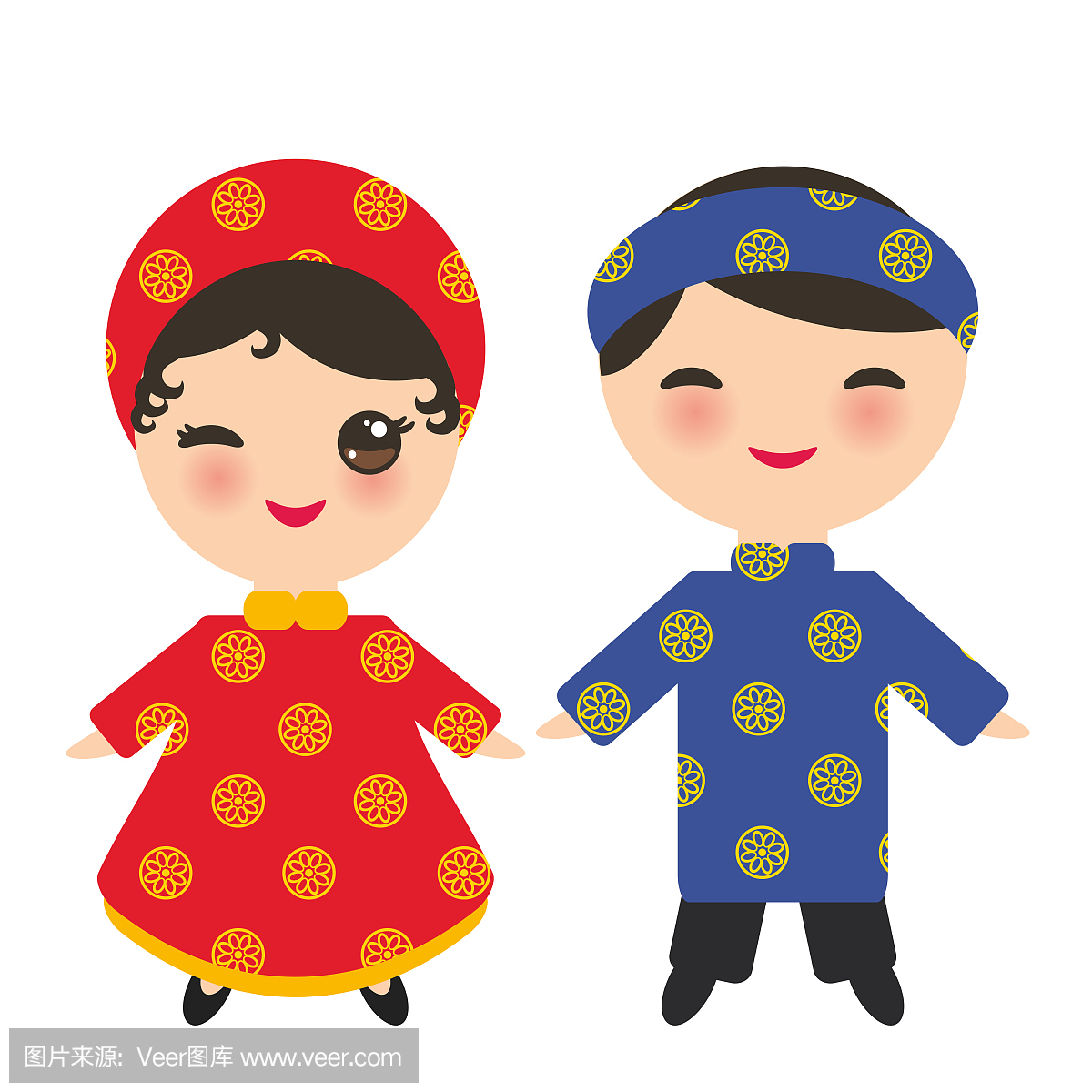 越南卡哇伊男孩和女孩在民族服装和帽子。在白
