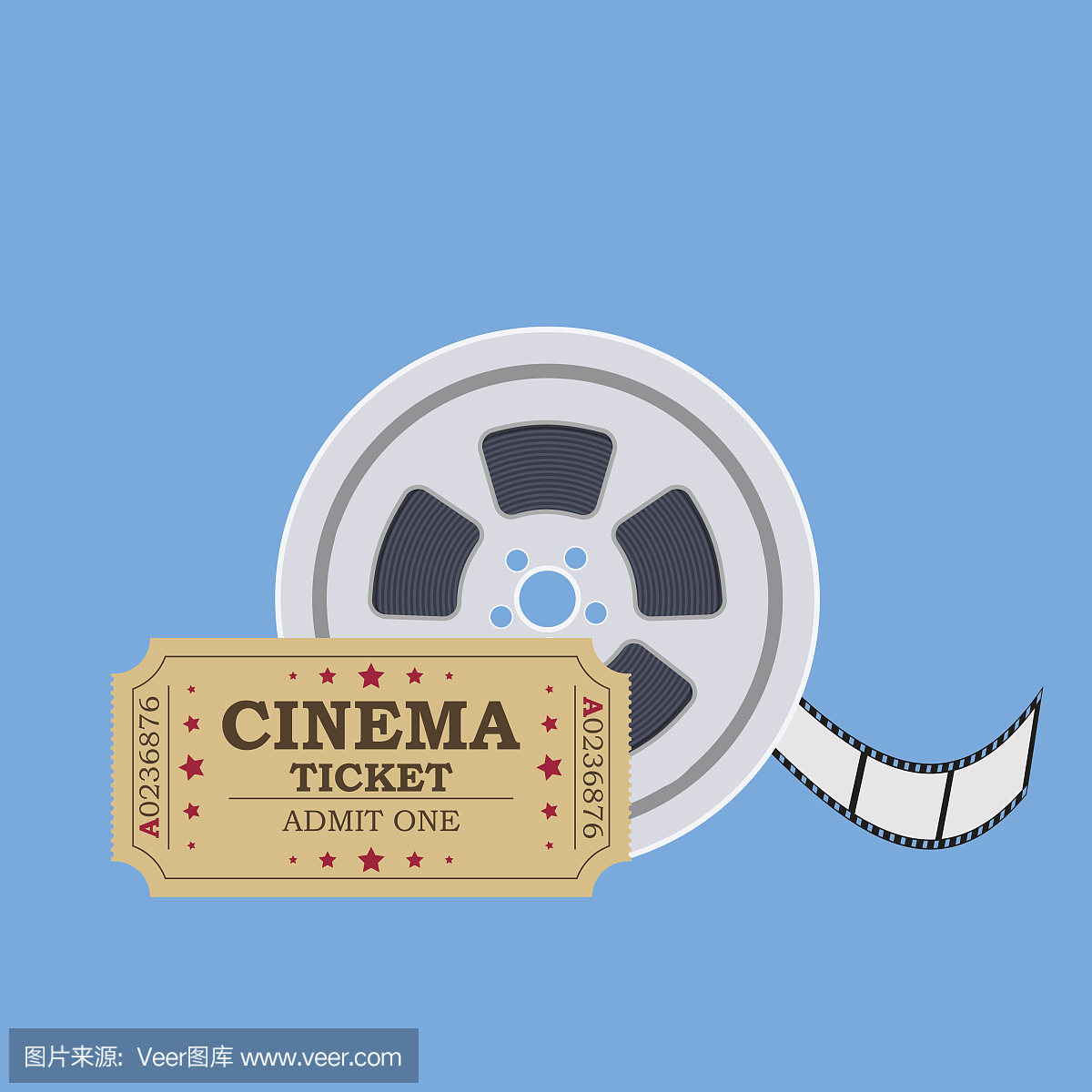 复古电影票和胶片卷轴。