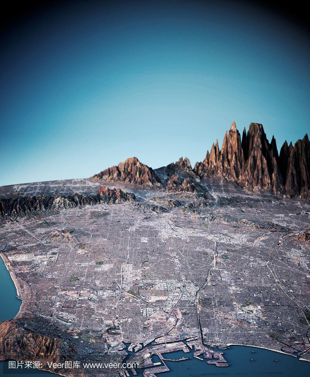 洛杉矶3D渲染卫星地图垂直