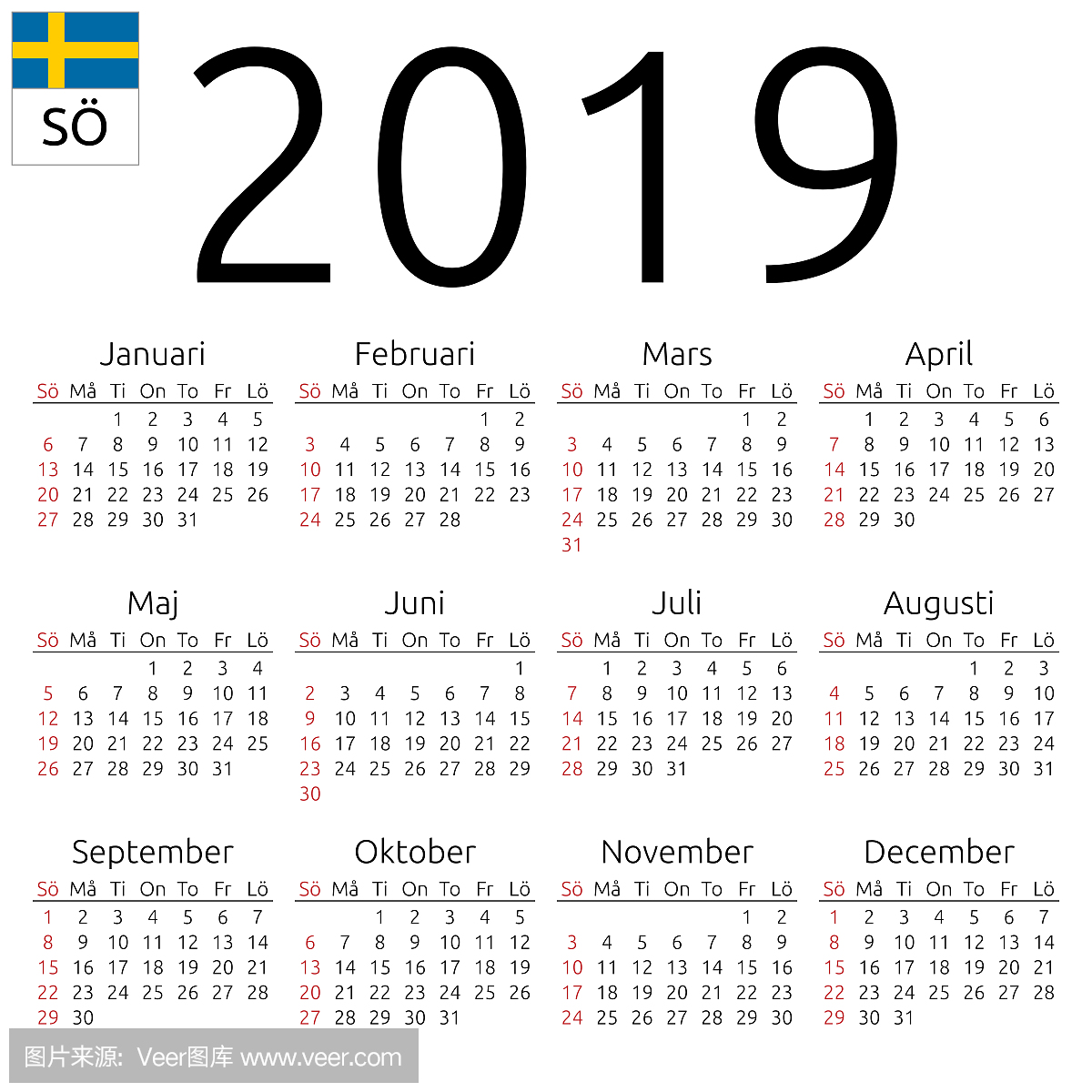 2019年日历,瑞典语,星期日